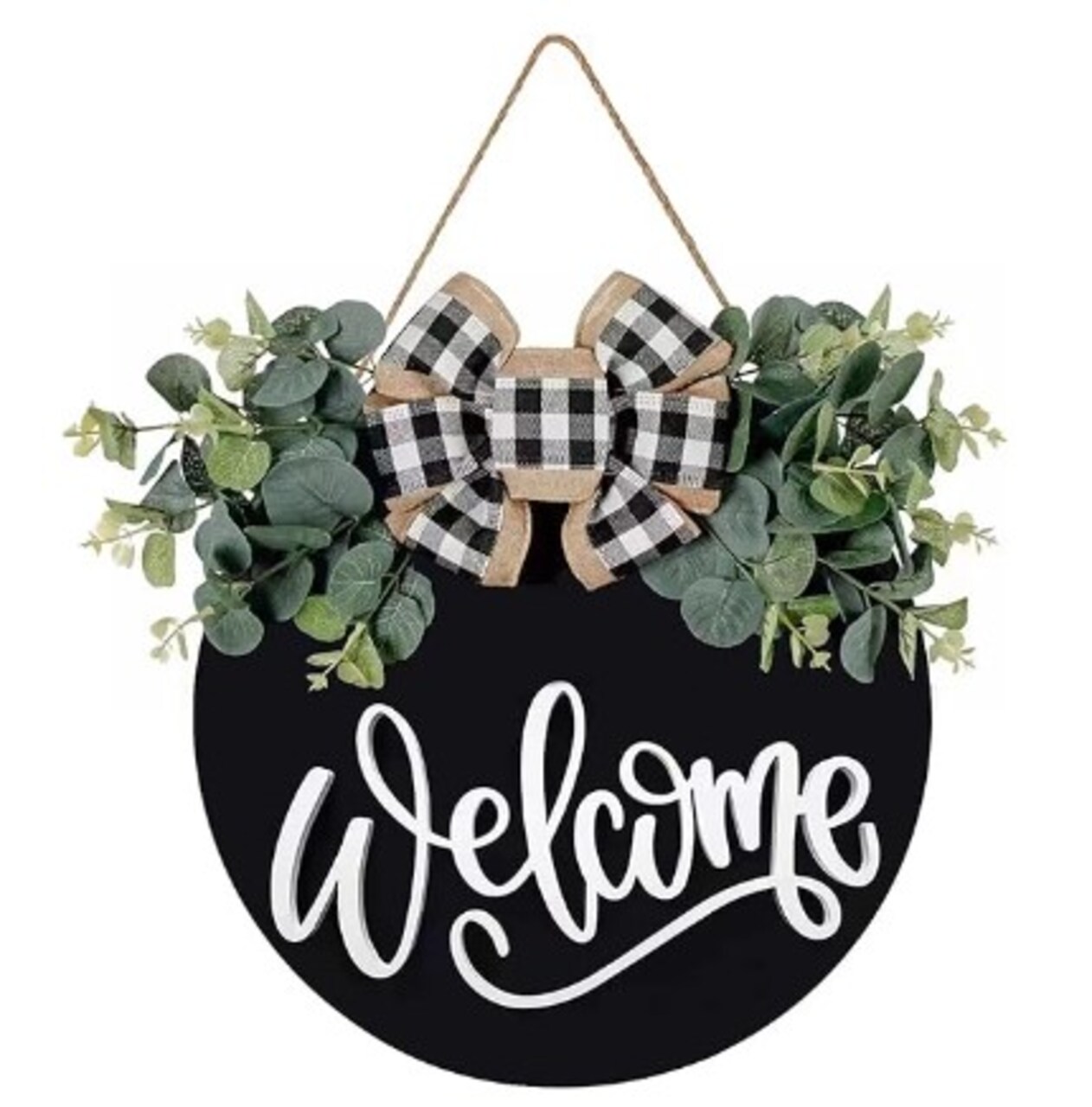 Farmhouse Wreath Wall Decor 30cm Round Wooden Hanging Housewarming Welcome Sign for Front Door Porch Decor Outdoor and Indoor Home Decor (Black)